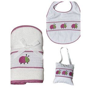 Hot Pink Ladybug Smocked Hooded Towel Bib Music box pillow baby shower gift NWT